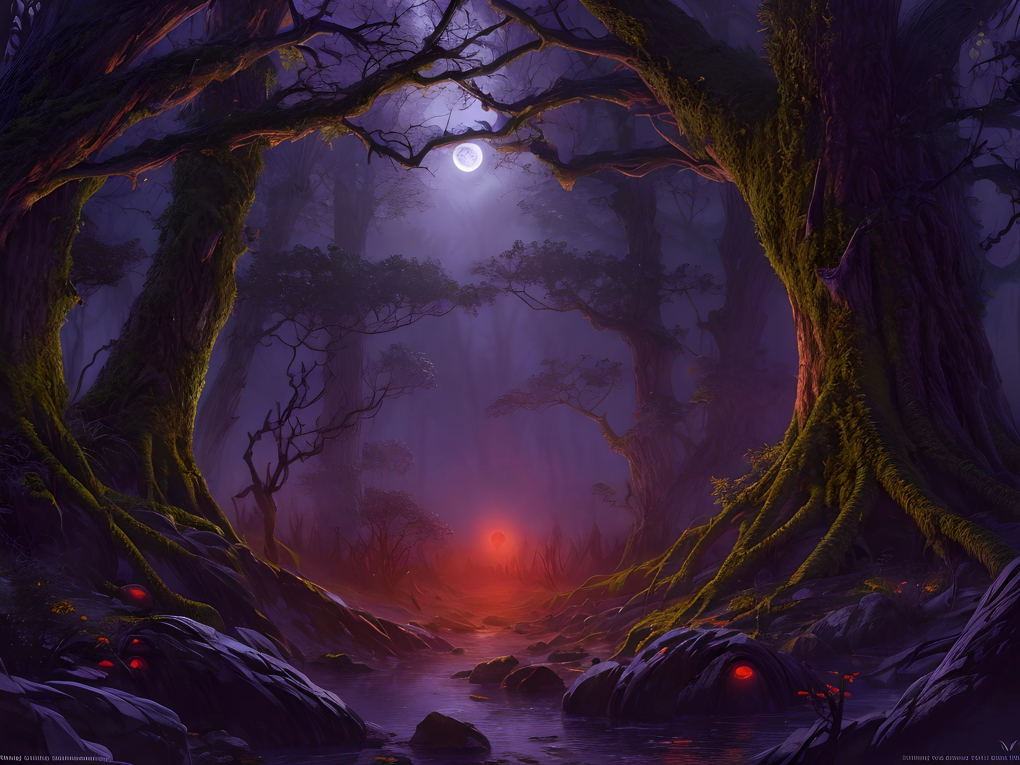 ファンタジーアート, RPGアート, 超ワイドショット, 生, 写実的な, ダークファンタジーの森の写真, 地を這う霧から立ち上る霧, 夜です, 月が地平線に昇る, まだあります (赤い捕食者の目のペア) 木々の間に見えます, ダークファンタジーの森の背景, 最高品質, 16K, [超詳細], 傑作, 最高品質, (超詳細), 全身, 超ワイドショット, フォトリアリズム