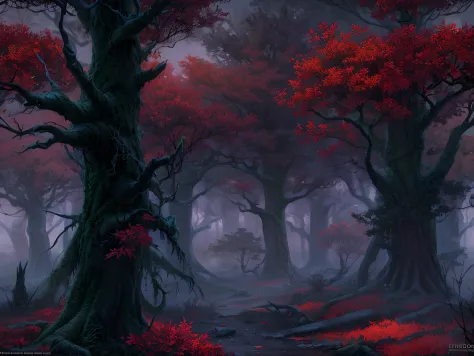 fantasy art, RPG art, ultra wide shot, RAW, photorealistic, a picture of a dark fantasy forest, mist rising from ground crawling mist, its night time, moon rises in the horizon, yet there is a (pair of red predator eyes) you see between the trees, dark fan...