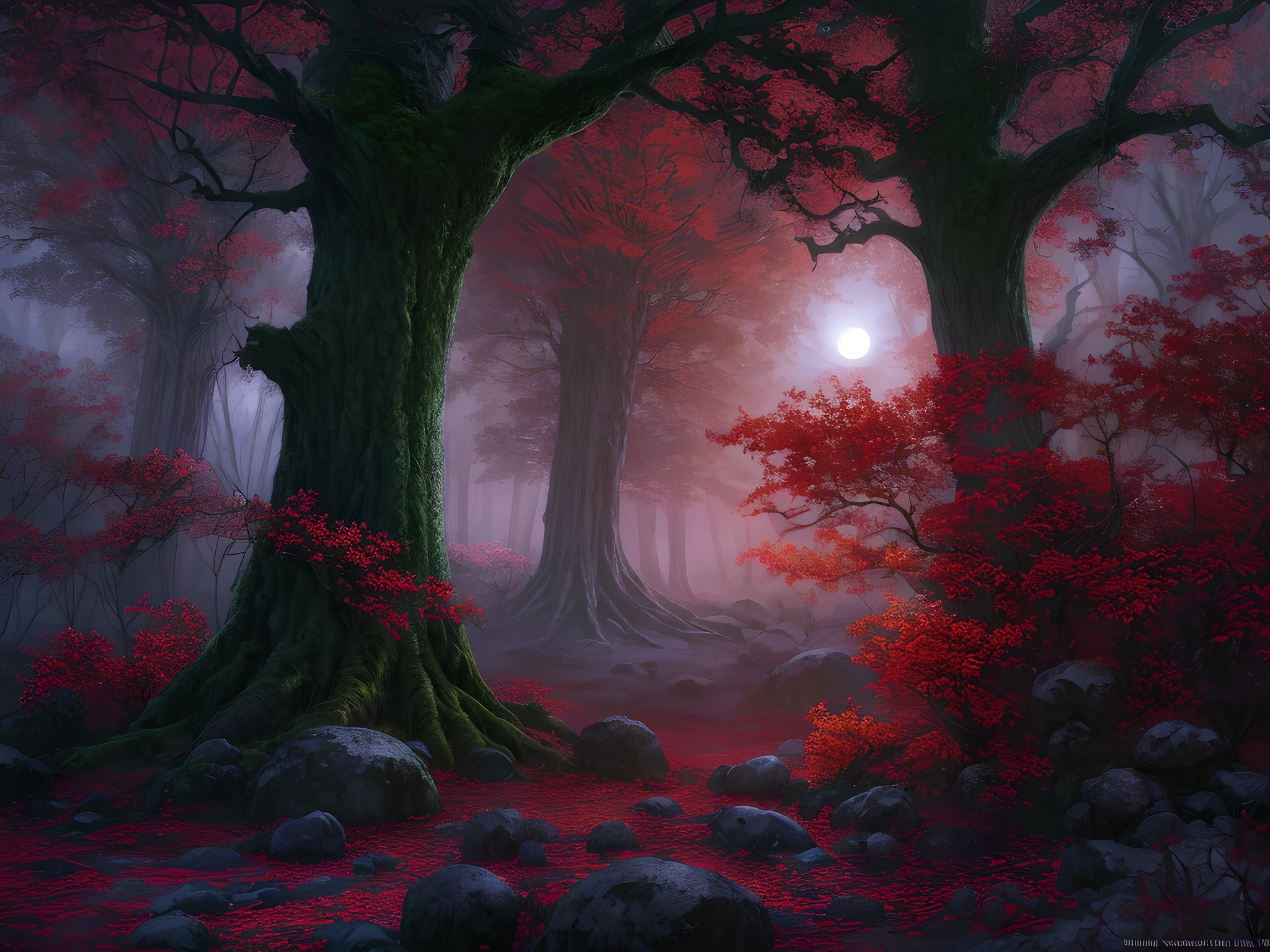 fantasy art, RPG art, ultra wide shot, RAW, photorealistic, a picture of a dark fantasy forest, mist rising from ground crawling mist, its night time, moon rises in the horizon, yet there is a (pair of red predator eyes) you see between the trees, dark fantasy forest background, best quality, 16k, [ultra detailed], masterpiece, best quality, (ultra detailed), full body, ultra wide shot, photorealism