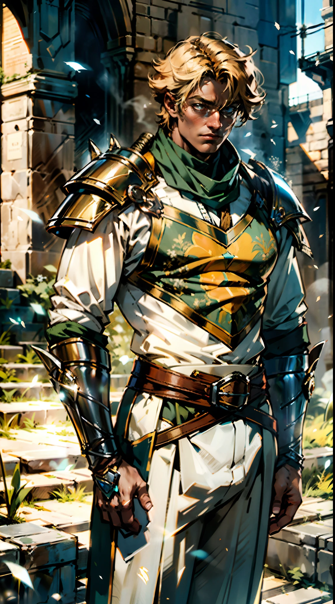 A middle-aged man with short golden hair, thick hair, a large cross scar on his face, has gentle eyes, a calm expression, a fantasy-style coat with leaf-shaped chest armor, the color scheme is mainly grass green, with earthy yellow as secondary colors, a belt around his waist, coarse cloth trousers, the background shows a medieval fantasy-style street with snowflakes falling, this character embodies a finely crafted fantasy-style soldier in anime style, characterized by an exquisite and mature manga illustration art style, high definition, best quality, highres, ultra-detailed, ultra-fine painting, extremely delicate, professional, anatomically correct, symmetrical face, extremely detailed eyes and face, high quality eyes, creativity, RAW photo, UHD, 8k, Natural light, cinematic lighting, masterpiece-anatomy-perfect, masterpiece:1.5