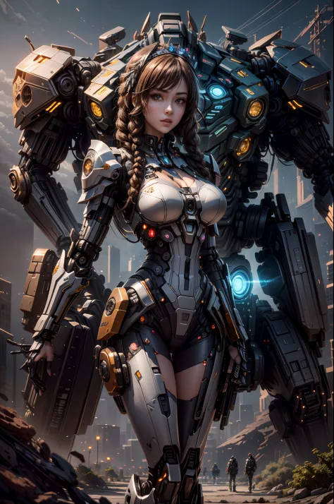 ((best qualtiy，tmasterpiece，The is very detailed: 1.3)), 。.3D, (Shitu-mecha), ((1girl standing in front of the viewer，Beautiful cyberpunk woman wearing a crown， Armor with master chef style， Sci-fi technology， Very sexy，full bodyesbian，Fighting posture，Bru...