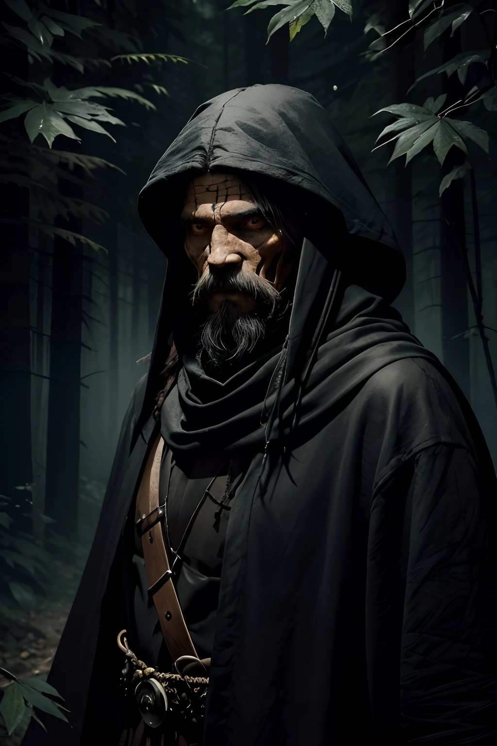 In the dark thicket of the forest stands  man. The man is dressed in black rags, The man's head and face is covered with an animal skull. Animal skull mask. Man has big slash scar on left eye. Man is member of the forest tribe, clothing must match tribal affiliation. Timeline medieval, dark fantasy, dark fantasy style, dnd style, simple background