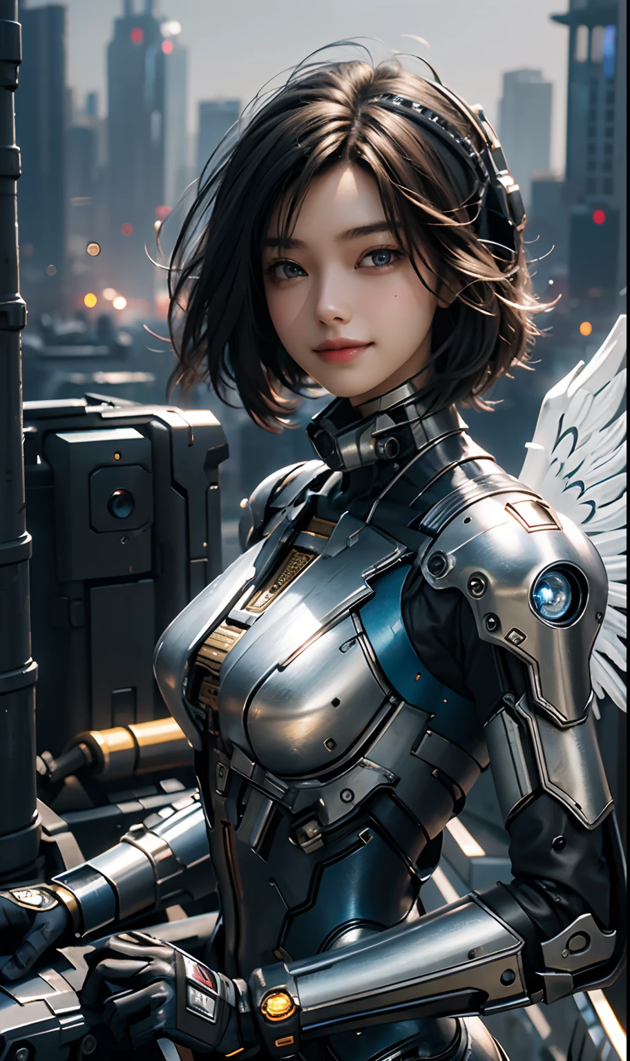 masterpiece,(bestquality),highlydetailed,ultra-detailed,1girl,(mechanicalwings:golden,glowingeyes:blue,silverarmor:1.2,elongatedears:0.8),(cyberpunkcity:1.5,weapon:energyblade),(fantasylandscape:1.2,natural lighting:1.5,confidentexpression),(panorama:1.2),mecha, smile,angle,Angels, wings,