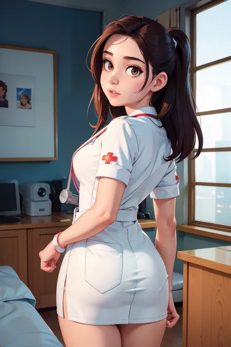 (a girl:1.1) A girl in a nurse uniform (from behind) (best quality,4k,8k,highres,masterpiece:1.2), (realistic,photorealistic,pho...