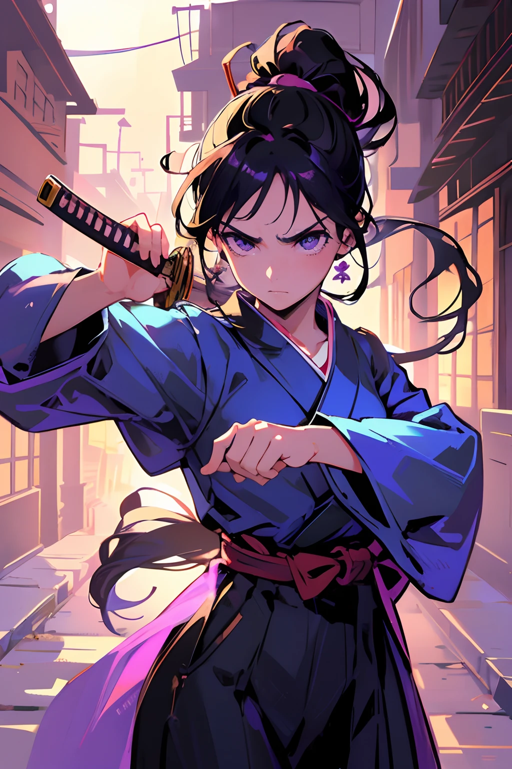 masterpiece, high quality, very detailed shading, artistic background,  perfect face, perfect hands, detailed background, young woman, adult woman, sparkling eyes, brown eyes, blue kimono, purple hakama, complex background, blue sky,long black hair, low ponytail, straight hair, brown eyes, frustrated, frowning, holding katana, fighting pose, dynamic pose, dim alley, dim lighting, alleyway, old Japanese village