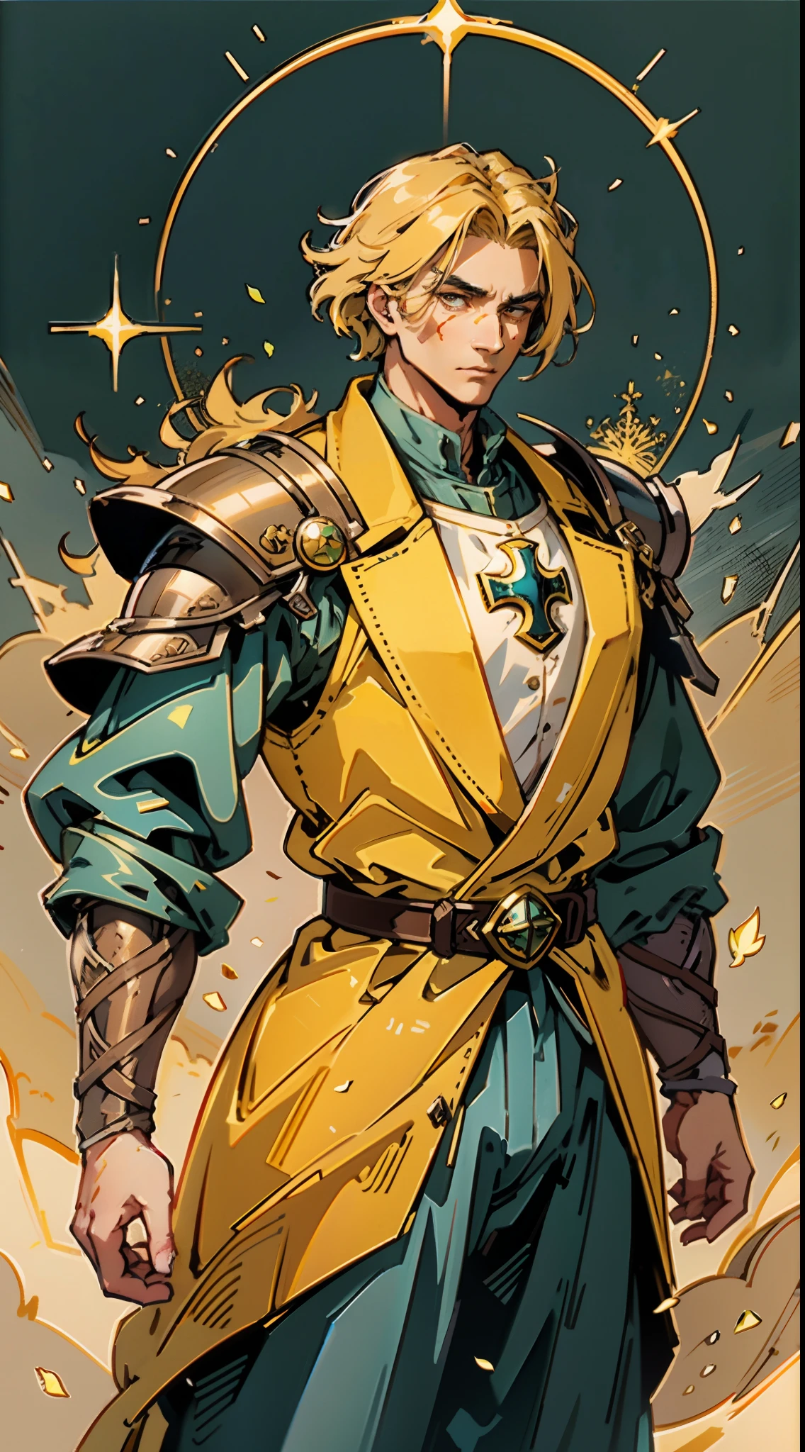 A middle-aged man with short golden hair, thick hair, a large cross scar on his face, has gentle eyes, a calm expression, a fantasy-style coat with leaf-shaped chest armor, the color scheme is mainly grass green, with earthy yellow as secondary colors, a belt around his waist, coarse cloth trousers, the background shows a medieval fantasy-style street with snowflakes falling, this character embodies a finely crafted fantasy-style soldier in anime style, characterized by an exquisite and mature manga illustration art style, high definition, best quality, highres, ultra-detailed, ultra-fine painting, extremely delicate, professional, anatomically correct, symmetrical face, extremely detailed eyes and face, high quality eyes, creativity, RAW photo, UHD, 8k, Natural light, cinematic lighting, masterpiece-anatomy-perfect, masterpiece:1.5