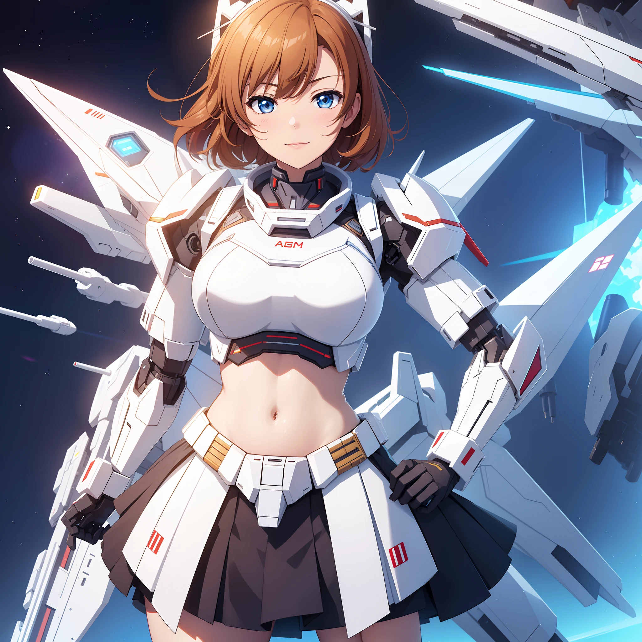 Kousaka honoka, ferra white mecha, fully robotic!! girl, on a gundam, female mecha, arasaka mech, white mecha, mechanized valkyrie girl, girl with warship parts, jetfire!!!!!, gunpla, railgun, fully robotic!! catgirl, mobile suit,navel