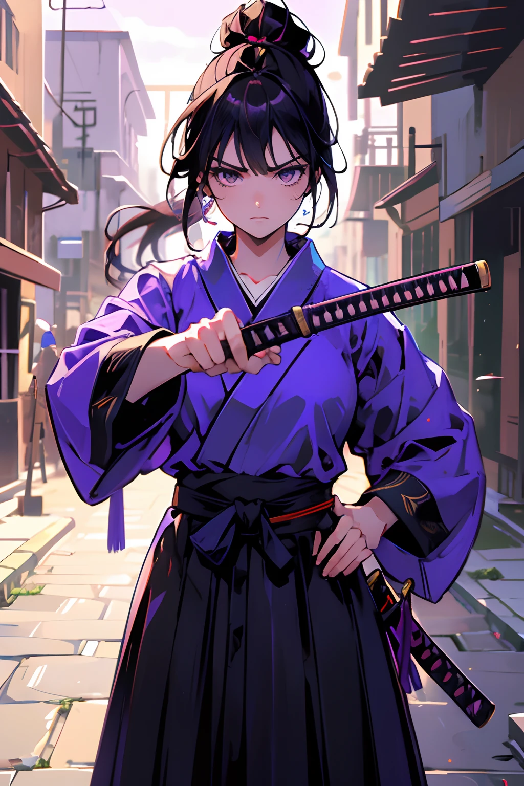 masterpiece, high quality, very detailed shading, artistic background,  perfect face, perfect hands, detailed background, young woman, adult woman, sparkling eyes, brown eyes, blue kimono, purple hakama, complex background, blue sky,long black hair, low ponytail, bangs, bangs covering eyes, straight hair, brown eyes, frustrated, frowning, katana, sword, holding katana, fighting pose, dynamic pose, dim alley, dim lighting, alleyway, old Japanese village