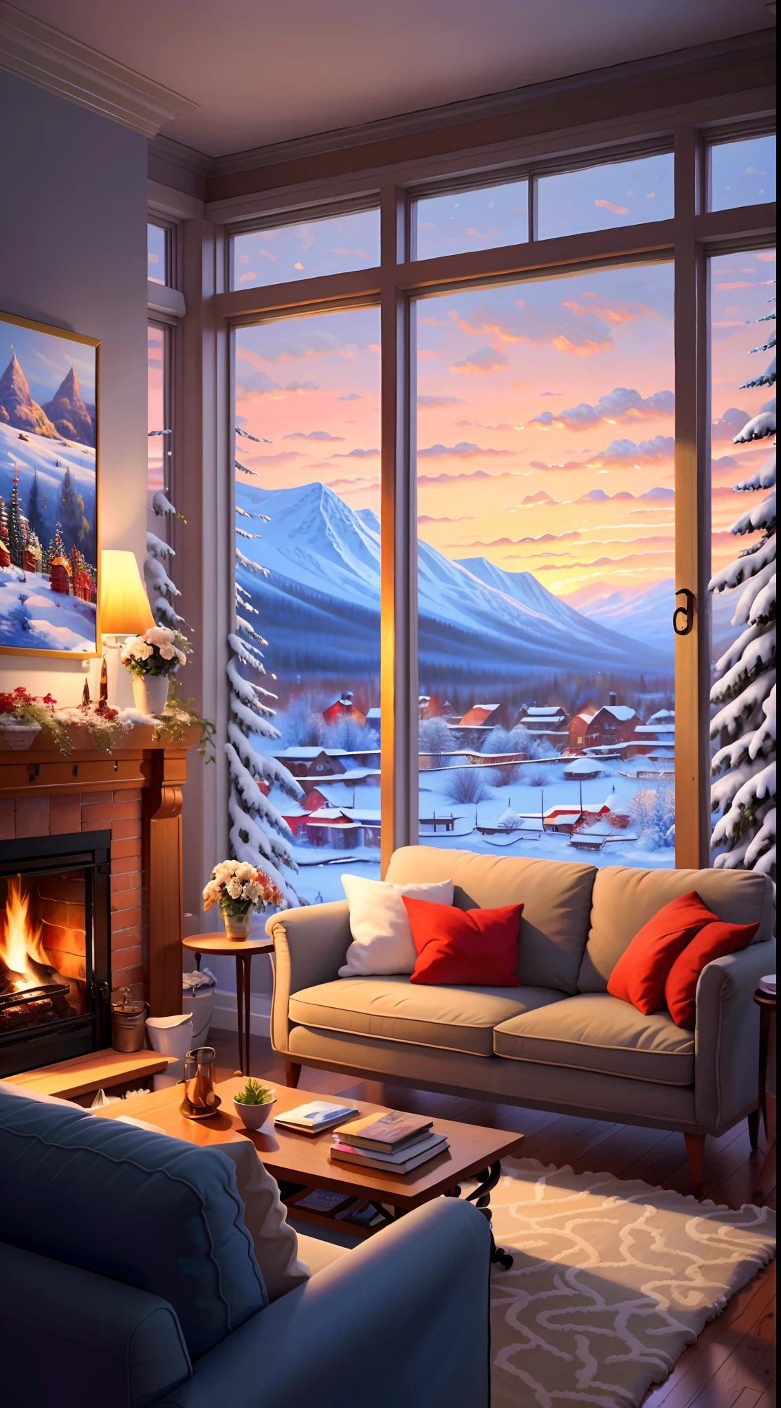 painting of a canada montreal living room, beautiful snowy view, big window, fireplace,sofa,quill,book,rugbeautiful calm lofi vibe,bushes,flowers, residential area,golden hour, snowy night,dusk,4k hd, cloud,beautiful art uhd 4 k, a beautiful artwork illustration, beautiful digital painting, highly detailed digital painting, beautiful digital artwork, detailed painting 4 k, very detailed digital painting, rich picturesque colors, gorgeous digital painting