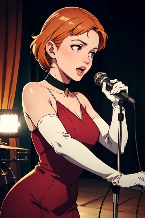 (best quality,4k,8k,highres,masterpiece:1.2),ultra-detailed,(realistic,photorealistic,photo-realistic:1.37), vibrant colors, stage spotlight, vintage microphone, elegant hair, graceful pose, dynamic atmosphere, stylish interior, classic jazz era vibes, cap...