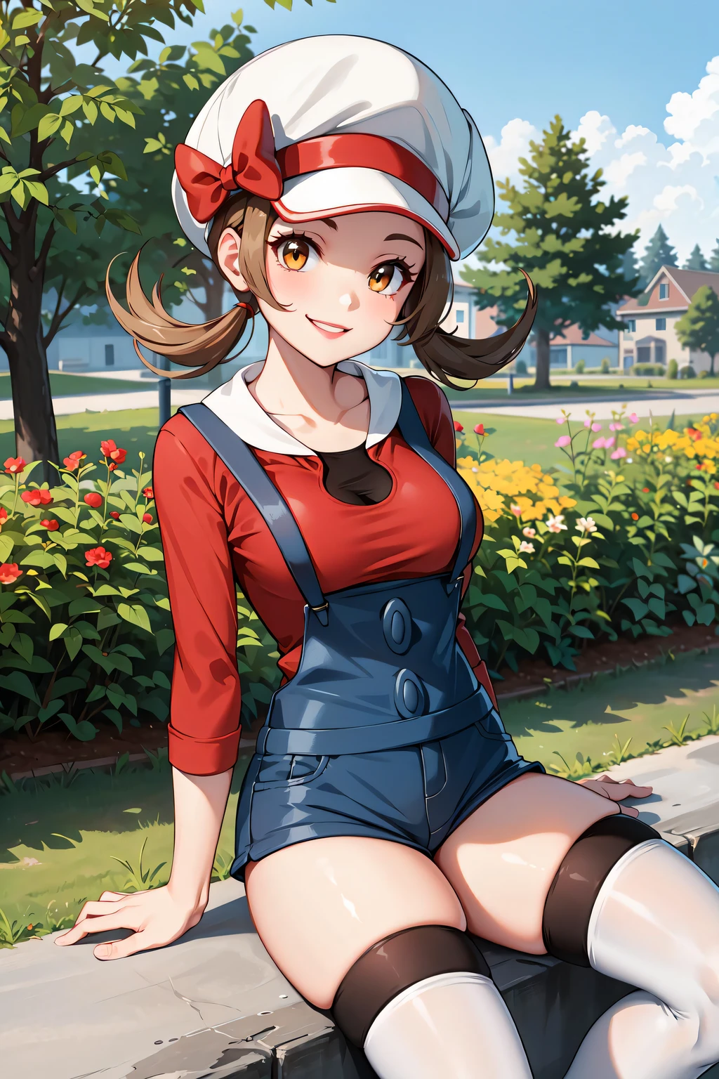 masterpiece, best quality, highres, ly01, overalls, white thighhighs, red bow, red shirt, white headwear, hat bow, eyelashes, outdoors, smile, thighs, breasts, mature female