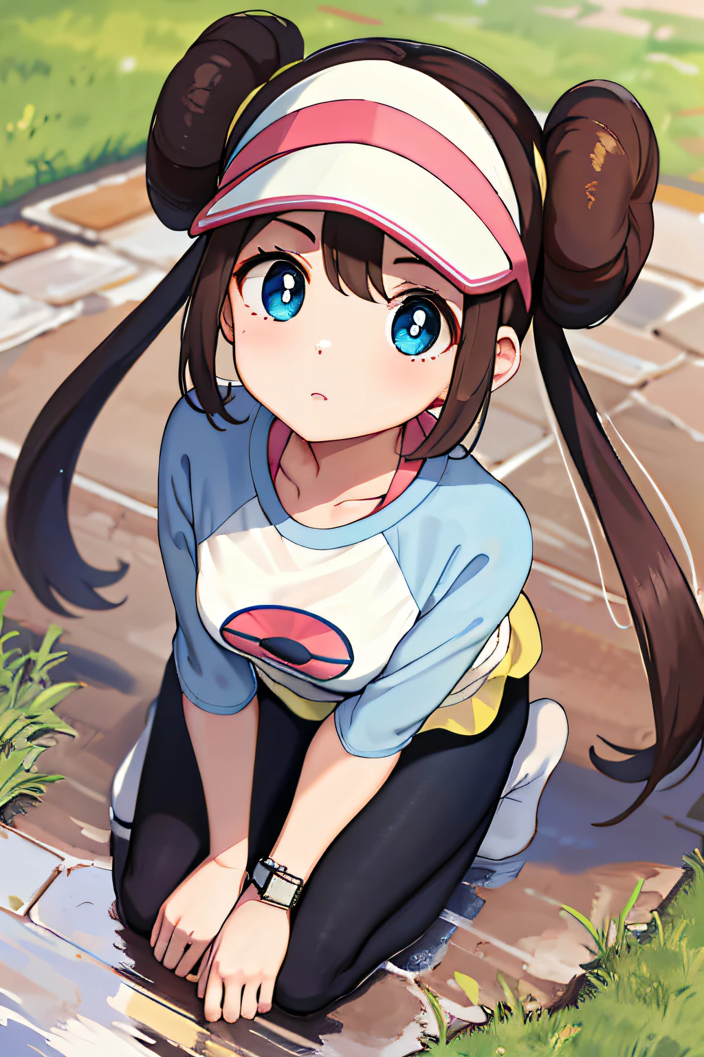 ​masterpiece, top-quality, hight resolution, RO1, Hair buns, blue eyess, Twin-tailed, Visor Cap, panthyhose, raglan sleeves, Yellow shorts, The shirt, Pink ribbon, Watches, Slouched, gym, crouching down, 30 denier soft-touch comfort tights, see -through, crouching down, Watch yourself in a puddle、puddles、Myself in a puddle、Myself in a puddle