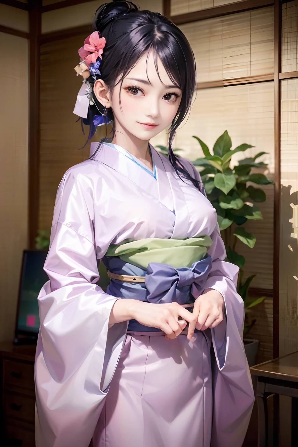 realisitic、​masterpiece、top-quality、20 years girl、femele、Hi-Res、portlate、Photo Light、((Pink and green colorful kimono∶1.1))、Nishijin Ori、with floral pattern、middlebreasts、((covered erectile nipples: 1.5))、Straight black long hair、Evil smile、Moist eyes、cowboy  shot、Bobscure background