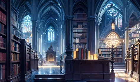 Enchanted Library, Grand, cathedral-like architecture with towering bookshelves, Sunlight streaming through stained glass window...