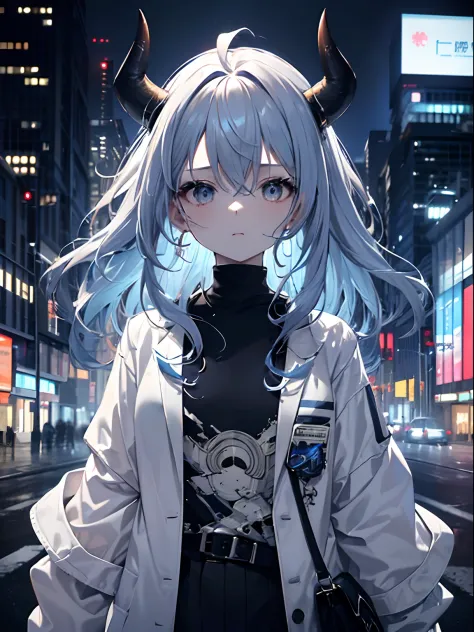 (masterpiece,best quality,ultra-detailed),1girl,(((half color hair))),dark blue hair, light blue hair,curly hair, messy hair,oni horns,pale skin,white jacket,small chest,(grey theme),city in the background
