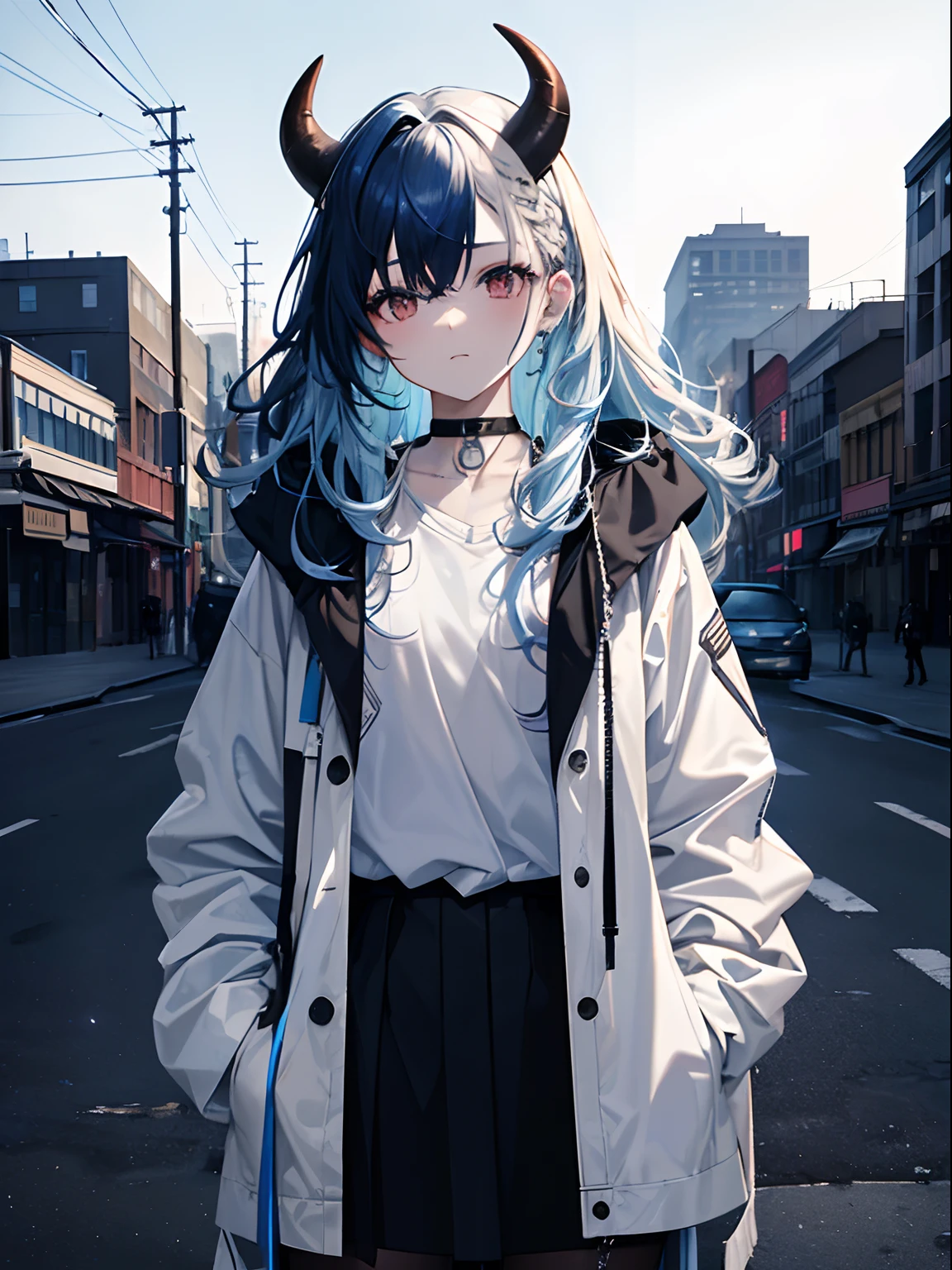 (masterpiece,best quality,ultra-detailed),1girl,(((half color hair))),dark blue hair, light blue hair,curly hair, messy hair,oni horns,pale skin,white jacket,,(grey theme),city in the background