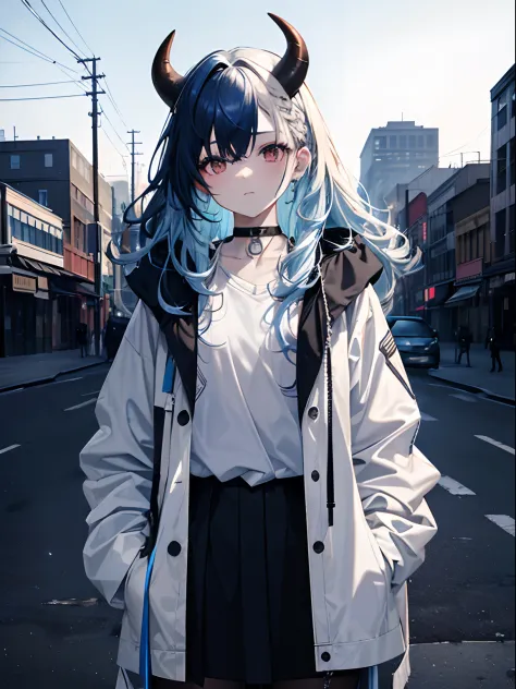 (masterpiece,best quality,ultra-detailed),1girl,(((half color hair))),dark blue hair, light blue hair,curly hair, messy hair,oni horns,pale skin,white jacket,small chest,(grey theme),city in the background