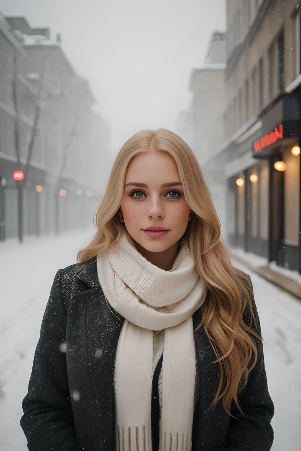 professional portrait photograph of a gorgeous Norwegian girl in winter clothing with long wavy blonde hair, sultry flirty look, (freckles), gorgeous symmetrical face, cute natural makeup, wearing elegant warm winter fashion clothing, ((standing outside in snowy city street)), stunning modern urban environment, ultra realistic, concept art, elegant, highly detailed, intricate, sharp focus, depth of field, f/1. 8, 85mm, medium shot, mid shot, (((professionally color graded))), bright soft diffused light, (volumetric fog), trending on instagram, hdr 4k, 8k