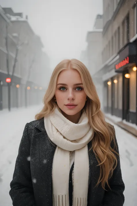 professional portrait photograph of a gorgeous Norwegian girl in winter clothing with long wavy blonde hair, sultry flirty look, (freckles), gorgeous symmetrical face, cute natural makeup, wearing elegant warm winter fashion clothing, ((standing outside in...