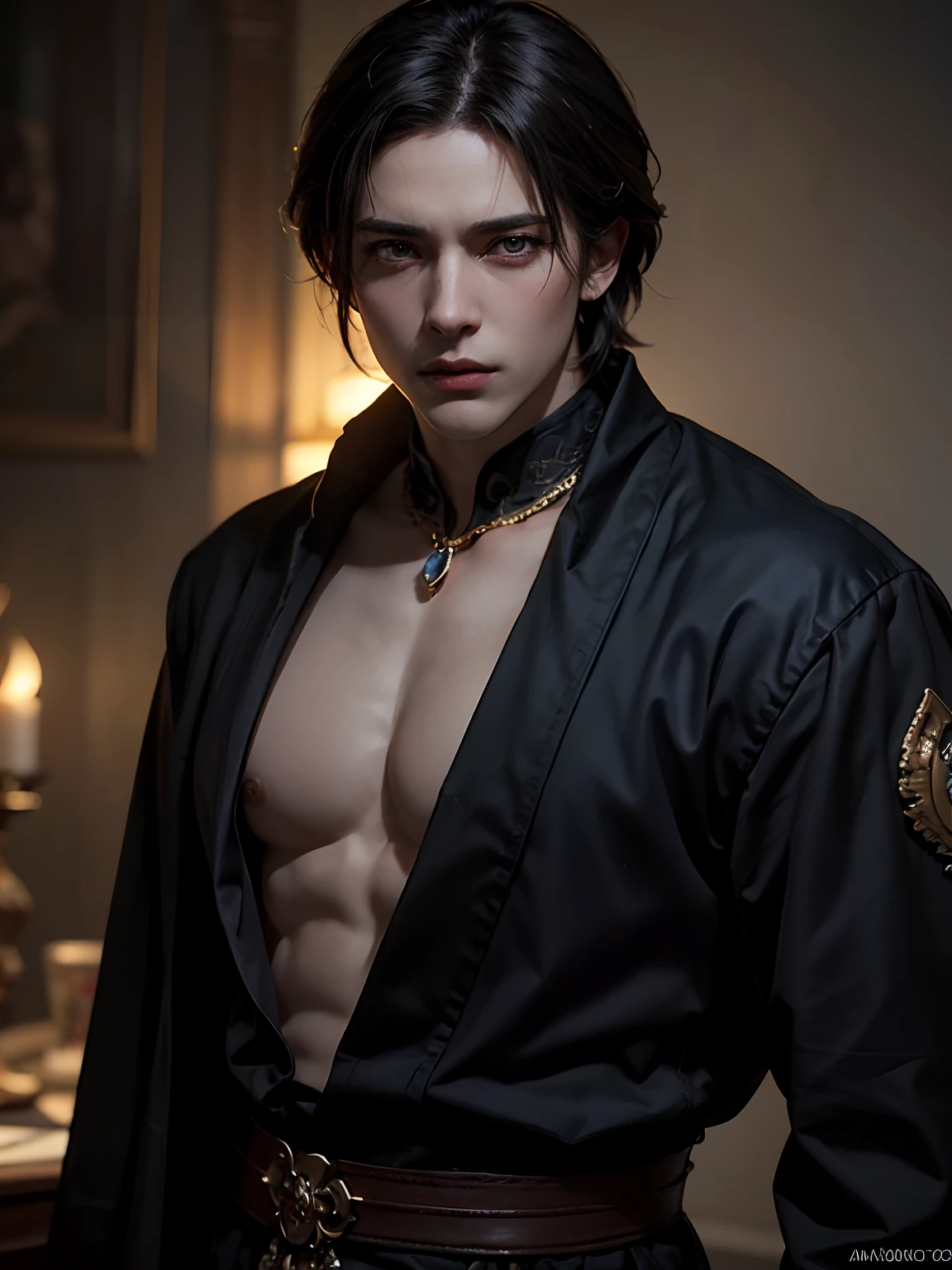 1man, stern look, 6th Century catastrophe, post-apocalypse, solo focus, adult, pale and young adult face, short black hair, black silk robe with golden lining, palace, realistic, dynamic pose realistic, detailed and correct facial structure, dark atmosphere, blades ornaments, LEON S. KENNEDY, handsome, attractive, slightly muscular, cinematic lighting, unreal engine, trending on ArtStation, intricate details,  masterpiece, best quality, by Irakli Nadar, Greg Rutkowski，(((best quality))),(((ultra detailed))),(((masterpiece)))