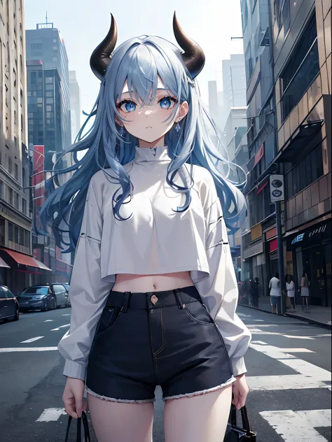 (masterpiece,best quality,ultra-detailed),1girl,(((half color hair))),dark blue hair, light blue hair,curly hair, messy hair,oni horns,pale skin,white crop top, white shorts,small chest,(grey theme),city in the background