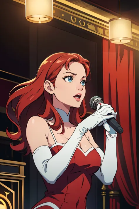 (best quality,4k,8k,highres,masterpiece:1.2),ultra-detailed,(realistic,photorealistic,photo-realistic:1.37), vibrant colors, stage spotlight, vintage microphone, elegant hair, graceful pose, dynamic atmosphere, stylish interior, classic jazz era vibes, cap...