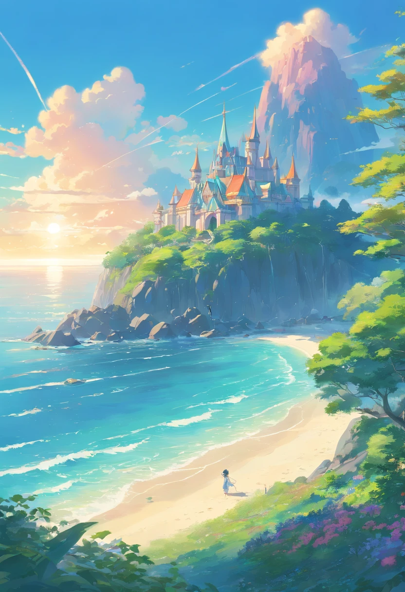 View of the entire elven kingdom by the sea, Golden ratio, Fake details, trending pixiv fanbox, acrylic palette knife, Shinkai Studios Ghibli Genshin influenced the style of James Gillierd Greg Rutkowski Chiho Aoshima