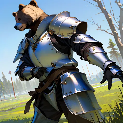 Realistic cartoon, bear in knight armor, mythril armor, high quality