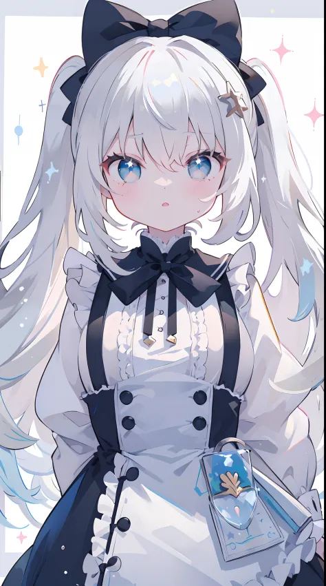 (Best quality,Ultra detailed,A high resolution,Masterpiece:1.2), Portrait,  White hair,  Black and white bow, magnifying glass, Bright blue eyes, Sparkling eyes, White canvas, JK anime, 1 girl, (Uncover the mystery of Lolita:1.4), {Youthful}, Solo, cute fe...