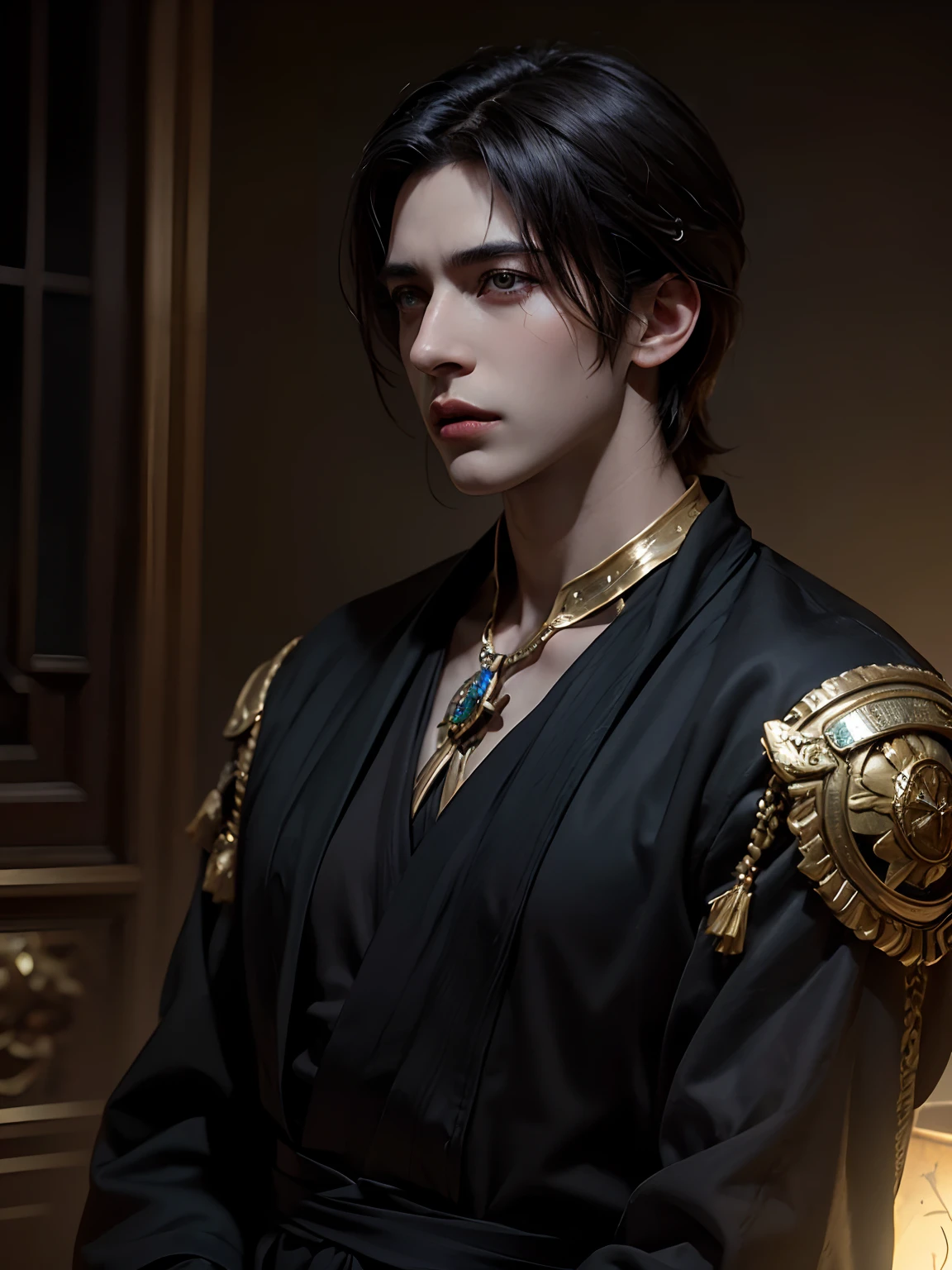 1man, stern look, 6th Century catastrophe, post-apocalypse, solo focus, adult, pale and young adult face, short black hair, black silk robe with golden lining, palace, realistic, dynamic pose realistic, detailed and correct facial structure, dark atmosphere, blades ornaments, LEON S. KENNEDY, handsome, attractive, slightly muscular, cinematic lighting, unreal engine, trending on ArtStation, intricate details,  masterpiece, best quality, by Irakli Nadar, Greg Rutkowski，(((best quality))),(((ultra detailed))),(((masterpiece)))