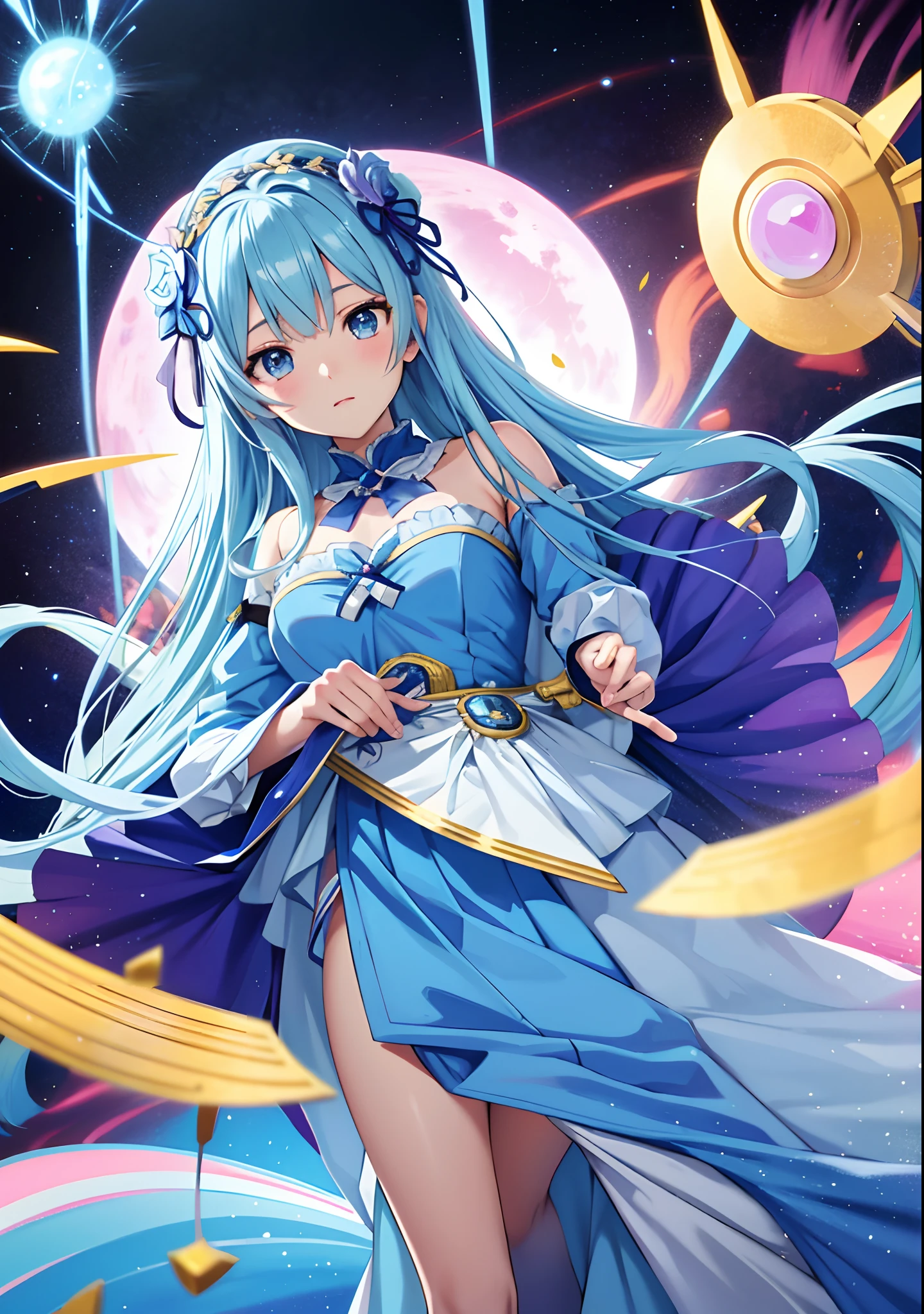 A woman in a blue dress with long hair and a sword - SeaArt AI