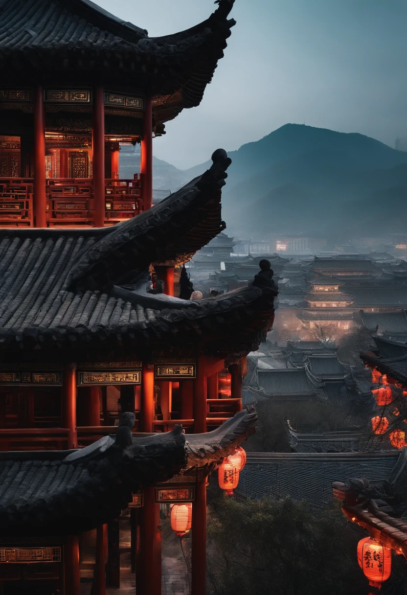 The top half of the picture is a high-rise building in the style of technology，The following are ancient Chinese buildings，There was a black-clad assassin in the building