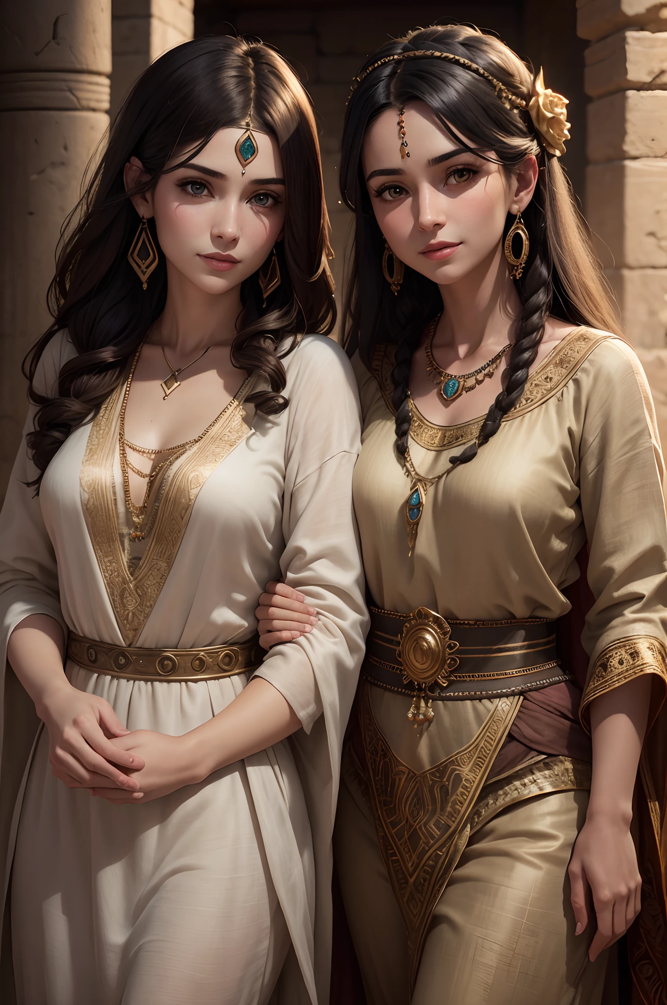 high quality, ultra-realistic, closeup portrait of two Beautiful women of ancient Mesopotamia, leering:1.4,dynamic pose,ancient Mesopotamian civilization, Babylonia, Uruk, tunics of various lengths, linen garments, agate necklaces,translucent paisley clothing, Kaunakes, bronze ware, a little smile, high adobe walls, luminism, 3d render, octane render, cinematic, Isometric, awesome full color, 8K Ultra HD, by yukisakura, high detailed,