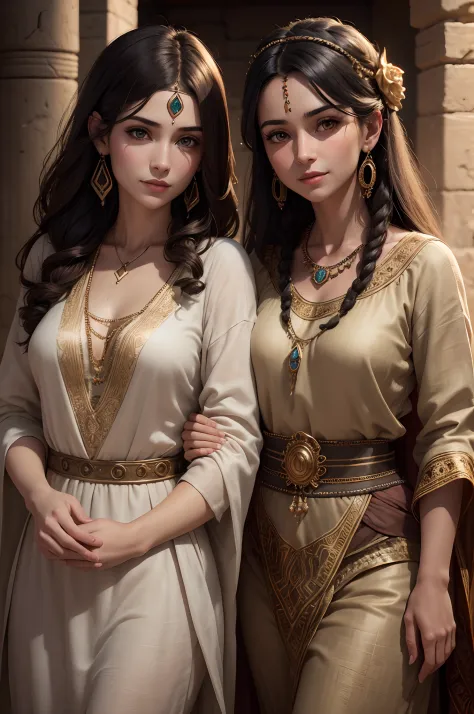 high quality, ultra-realistic, closeup portrait of two Beautiful women of ancient Mesopotamia, leering:1.4,dynamic pose,ancient ...