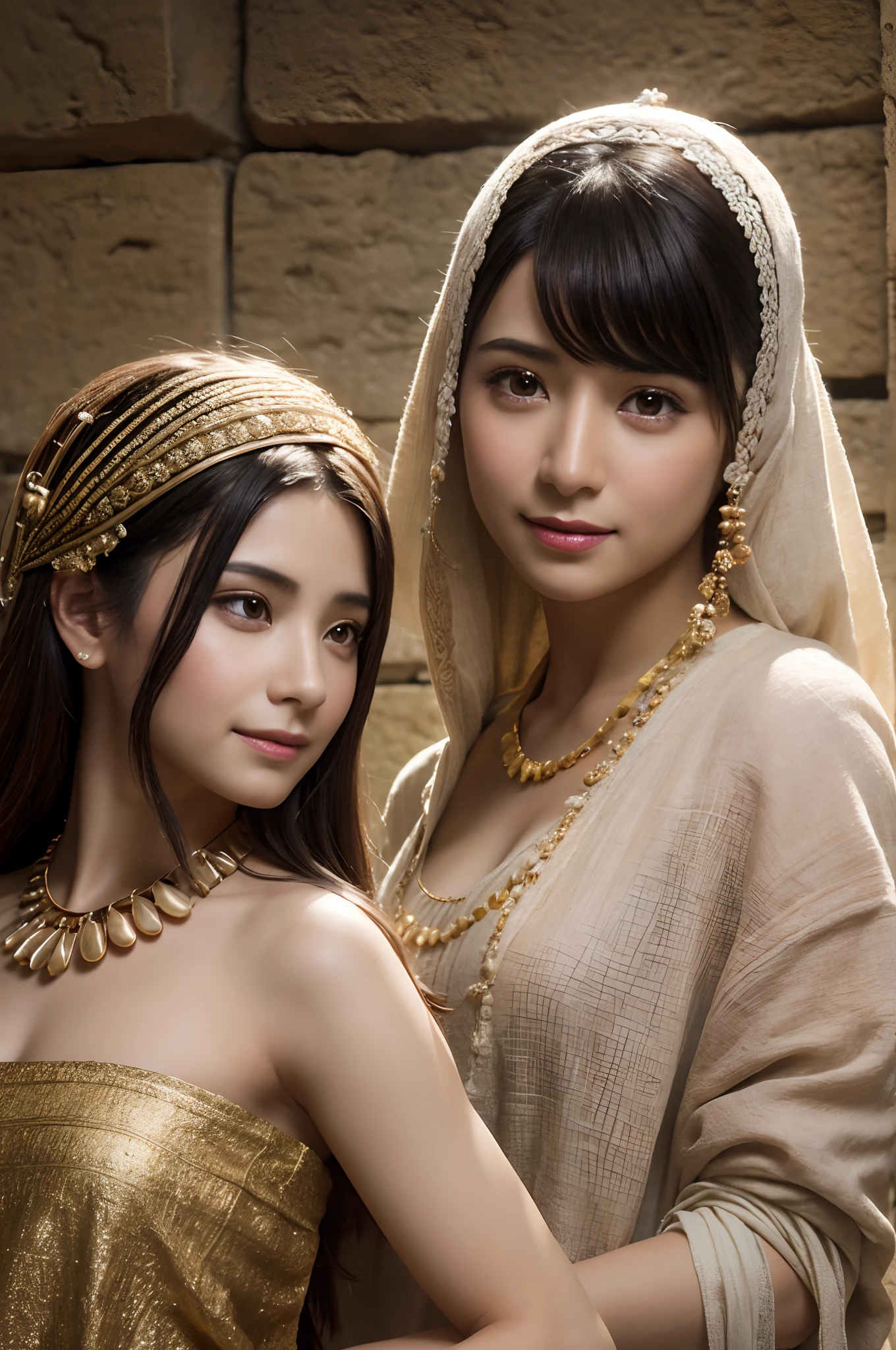 high quality, ultra-realistic, closeup portrait of two Beautiful women of ancient Mesopotamia, leering:1.4,dynamic pose,ancient Mesopotamian civilization, Babylonia, Uruk, tunics of various lengths, linen garments, agate necklaces,translucent paisley clothing, Kaunakes, bronze ware, a little smile, high adobe walls, luminism, 3d render, octane render, cinematic, Isometric, awesome full color, 8K Ultra HD, by yukisakura, high detailed,