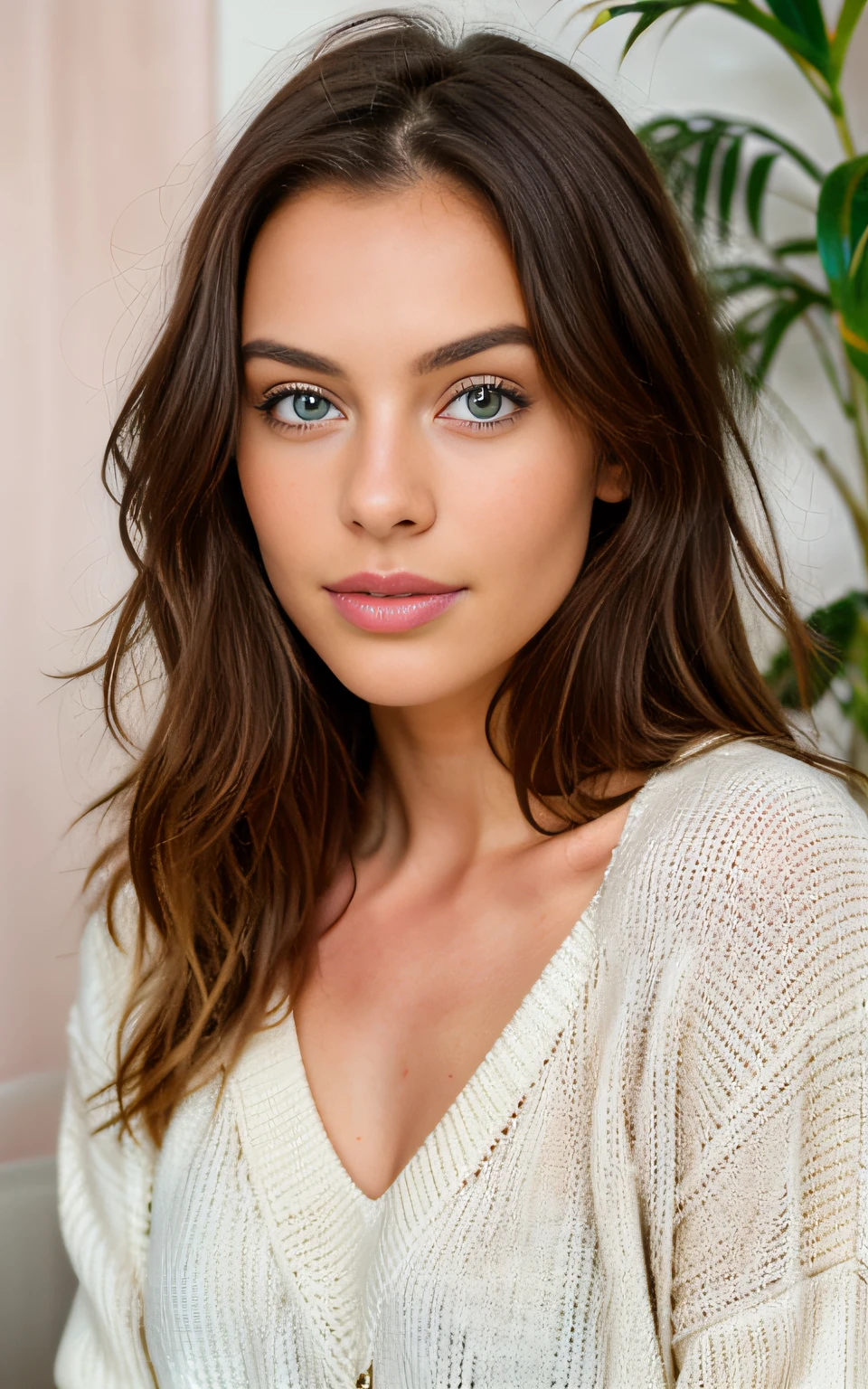 beautiful brunette wearing light beige sweater (taking care of nails in a modern beauty salon), very detailed, 2, innocent face, natural wavy hair, blue eyes, high resolution, masterpiece, best quality, intricate details, highly detailed, sharp focus, detailed skin, realistic skin texture, texture, detailed eyes, professional, 4k, charming smile, shot on Canon, 85mm, shallow depth of field, kodak vision color, perfect fit body, extremely detailed, foto_\(ultra\), photorealistic, realistic, post-processing, maximum detail, roughness, real life, ultra realistic, photorealism, photography, 8k uhd, photography