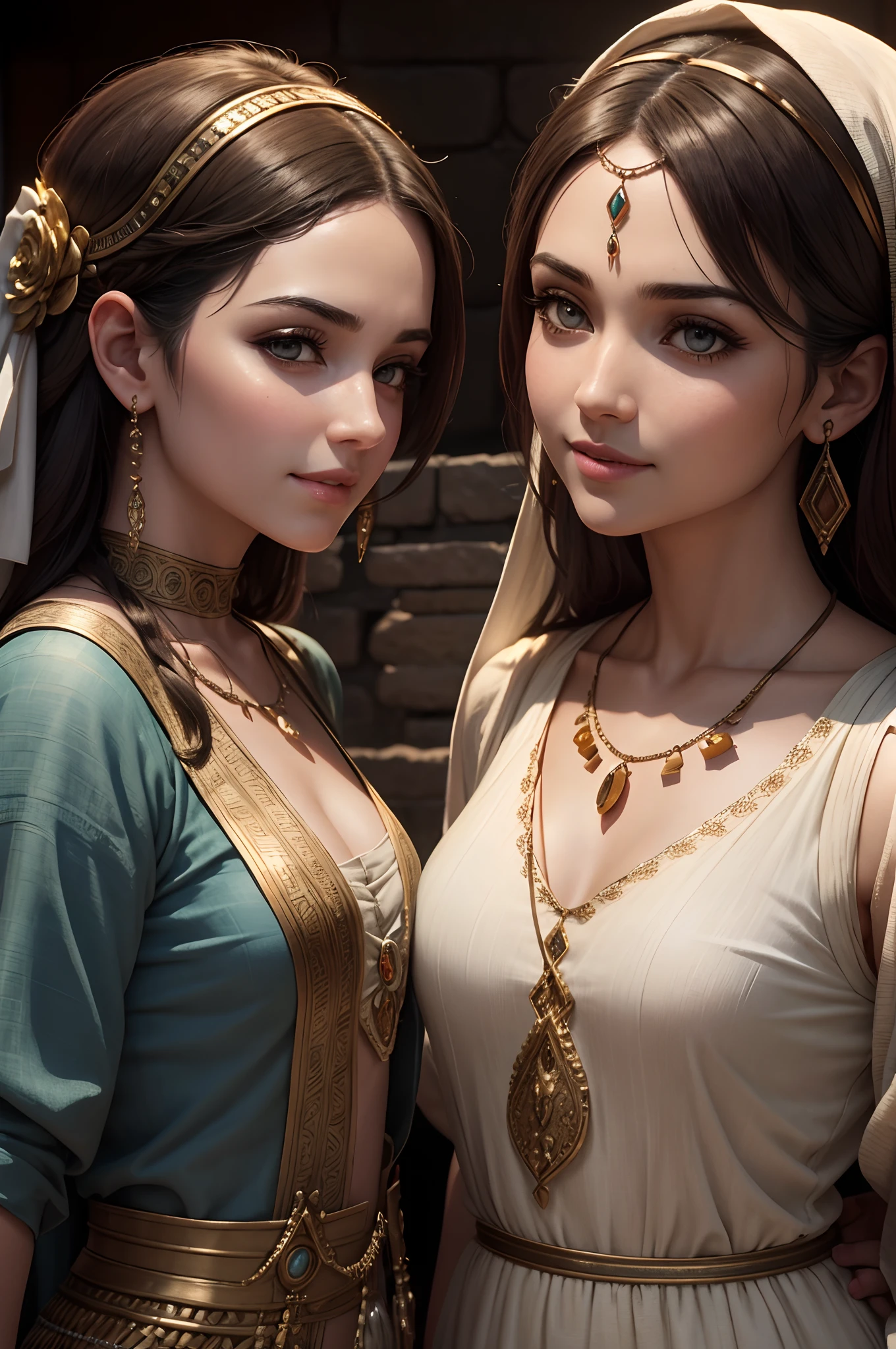 high quality, ultra-realistic, closeup portrait of two Beautiful women of ancient Mesopotamia, leering:1.4,dynamic pose,ancient Mesopotamian civilization, Babylonia, Uruk, tunics of various lengths, linen garments, agate necklaces,translucent paisley clothing, Kaunakes, bronze ware, a little smile, high adobe walls, luminism, 3d render, octane render, cinematic, Isometric, awesome full color, 8K Ultra HD, by yukisakura, high detailed,