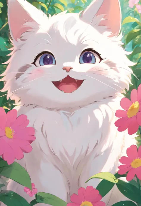 a cute little cat、Eyes big and a little hanging、white colors、Bushy fur、The background is simple with one color、A pink heart is drawn on the cheek、Laughing