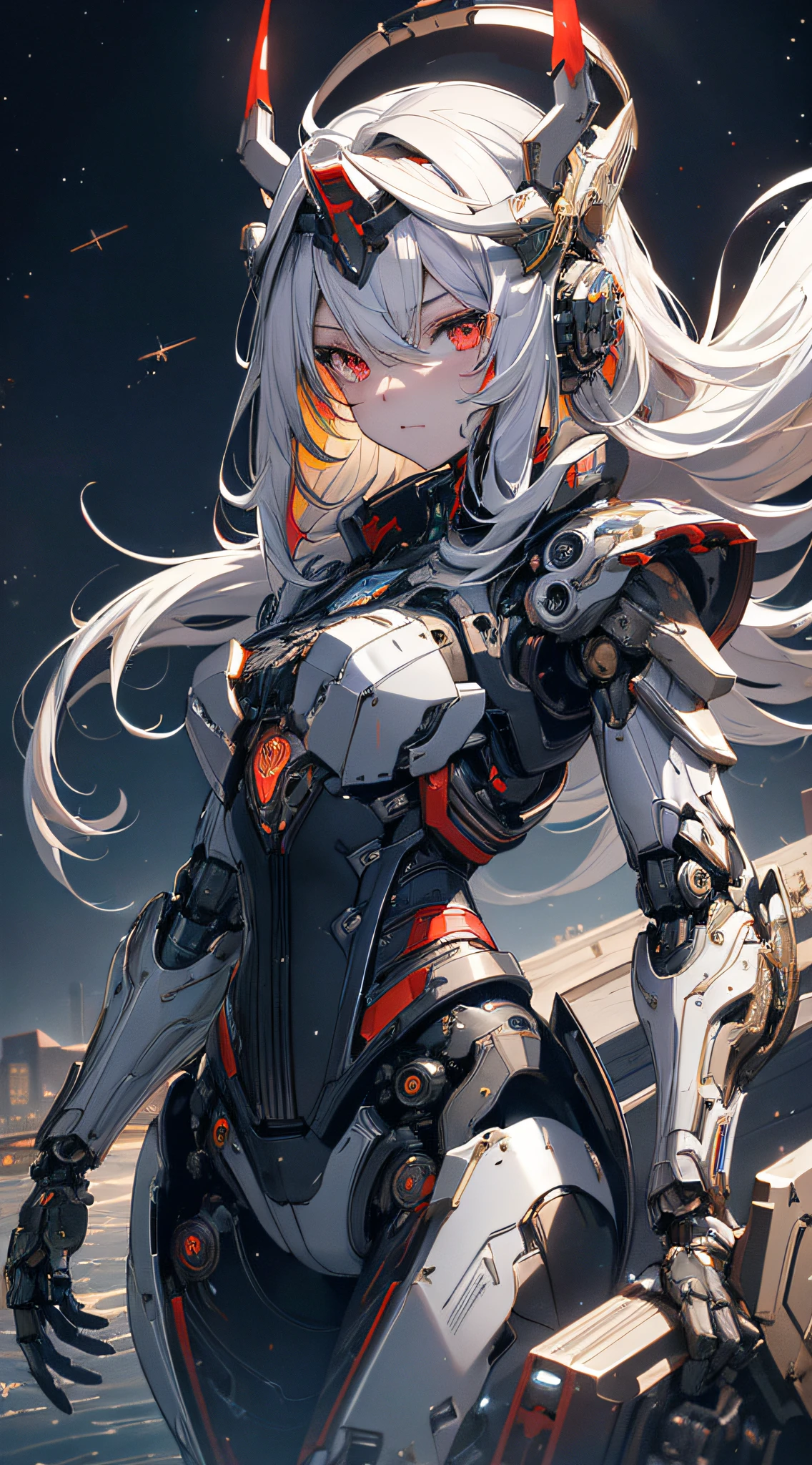 masterpiece,best quality,ultra-detailed,very detailed illustrations,extremely detailed,intricate details,highres,super complex details,extremely detailed 8k cg wallpaper,cowboy shot, caustics,reflection,ray tracing, demon theme,nebula,dark aura,cyber effect, solo ,alone, mecha musume,mechanical parts, robot joints,single mechanical arm, headgear, mechanical halo,star halo,intricate mechanical bodysuit, mecha corset, full armor, very long hair,white hair, hair between eyes, multicolored hair, colored inner hair, red eyes random expressions,random action, ancient japanese architecture,pond, starry sky,skyline, (little girl:1.4)