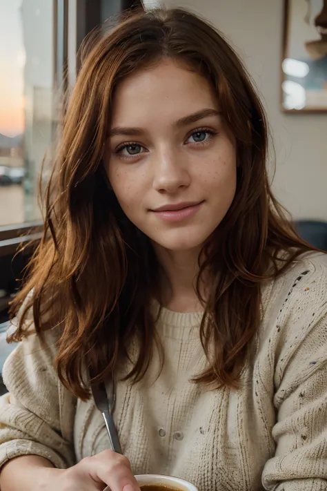 beautiful redhead, freckles on her face, with yellow sweater (Drinking coffee in a modern cafe at sunset), very detailed, 14 years old, Innocent face, naturally wavy hair, blue eyes, high resolution, masterpiece, best qulaity, Details Intricate, very detai...