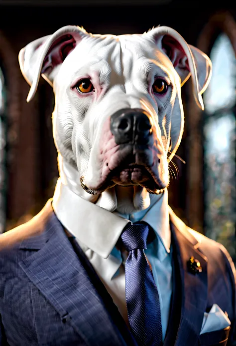 Dogo Argentino wears a suit and tie instead of a collar, unreal engine, meisterwerk, kunstwer, uhd, 4k, 8k,