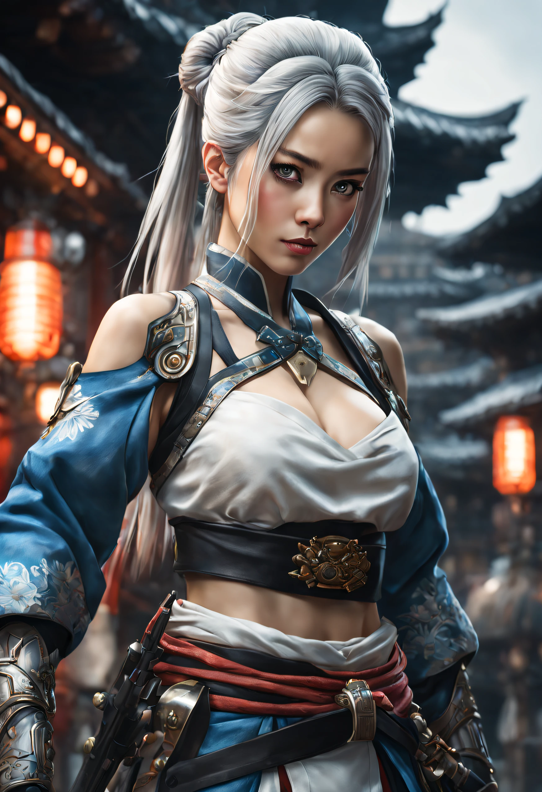 Beautiful Samuraniji lady with a breathing mask, long white-silver hair, hair bun, open shoulder top, looking at the viewer, samurai warriors equipped, outfitted, loaded, with weapon, samurai, (universe), (holding sword), (fighting other characters), glowing, armor, glowing blue eyes, mecha, intricate design and details, dark Tokyo old city detailed background, dramatic lighting, hyperrealism, photorealistic, cinematic, 8k, unreal engine, best quality, masterpiece, realistic, photo-realistic, ultra-detailed, perfect detail, digital art, film grain.