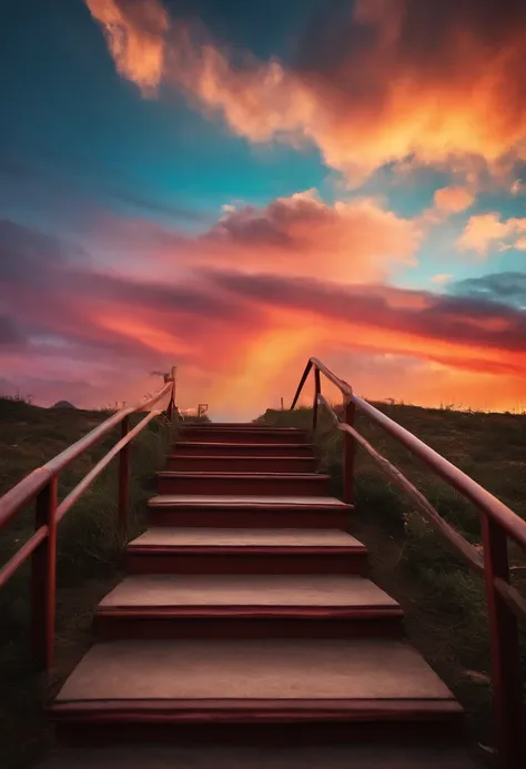 Close-up of the stairs leading to the rainbow sky, stairway to heaven ...