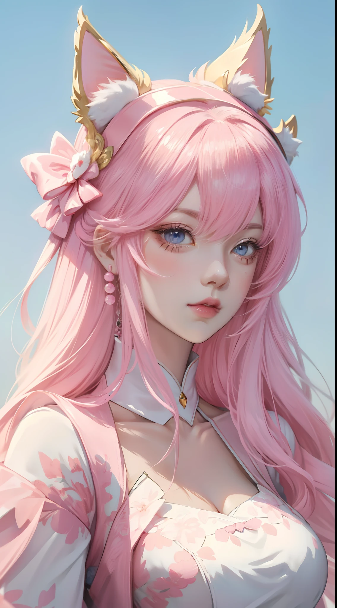 Anime girl pink hair white bow, , Beautiful character painting, , Stunning anime face portrait handsome royal sister cat ears