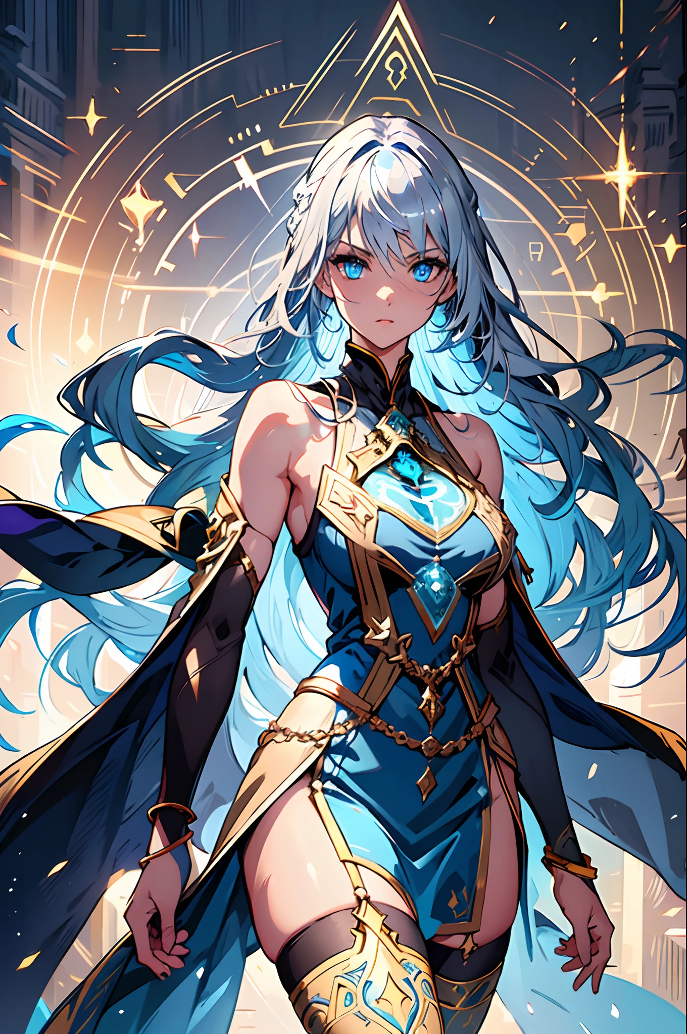 highres, highest quality, illustration, ultra detailed, (detailed face), (detailed eyes), cinematic lighting, best quality, hyper detailed, masterpiece, 1girl, solo, long hair, blue-streaked silver hair, blue eyes, long blue color female knight dress, chest armor, sleeveless, bare shoulder, (white color handsock), ornamental gold bracelet, white skirt, (black high thigh stockings), ruins, serious look, luminous eyes, big breasts, light rays, (colorful), head to thigh, magic circles, exquisite fantasy outfit design, dynamic angle, dynamic pose