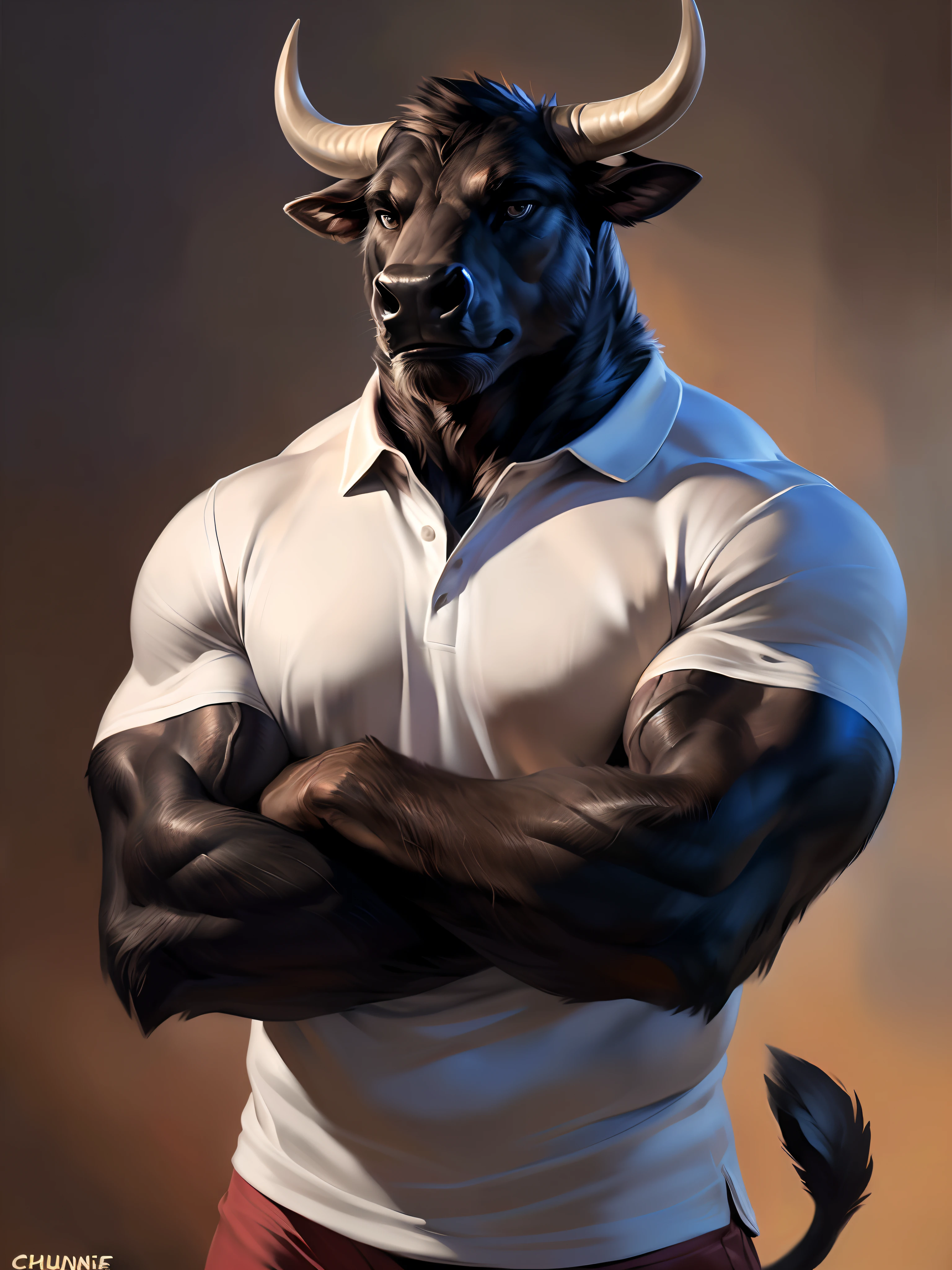 4k, high resolution, best quality, perfect colors, perfect shadows, perfect lighting, ((close up, portrait)), posted on e621, furry body, solo, anthro black bull, curved bovine horns, (monotone black fur:1.3), male, adult, (veiny biceps, heavily muscular, manly, brutal, masculine:1.4), plain bottomless background, correct anatomy, (photorealistic detailed fur, epic, masterpiece:1.2), (by Taran Fiddler, by Chunie, by Rukis, Bonifasko lighting), best posture, looking at the camera, (arms crossed:1.2), (white polo t-shirt, red shorts:1.3), (detailed clothes:1.3), smooth fabric textures