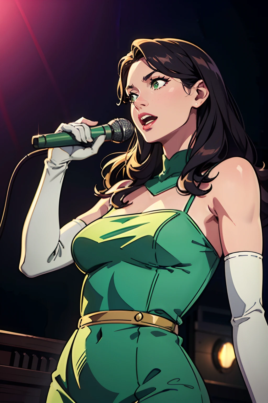 best quality,4k,8k,highres,masterpiece:1.2),ultra-detailed,(realistic,photorealistic,photo-realistic:1.37), vibrant colors, stage spotlight, vintage microphone, elegant hair, graceful pose, dynamic atmosphere, stylish interior, classic jazz era vibes, captivating performance, soulful expression, animated jazz band, rhythmic music, passionate singing, microphone stand, energetic crowd, glamorous ambiance, seamless visual composition, enchanting red lighting, dorothea, long hair, green eyes, in a light green dress, long white elbow gloves, holding old 1920s microphone, jazz club background, singing