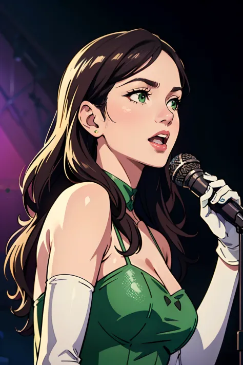 best quality,4k,8k,highres,masterpiece:1.2),ultra-detailed,(realistic,photorealistic,photo-realistic:1.37), vibrant colors, stage spotlight, vintage microphone, elegant hair, graceful pose, dynamic atmosphere, stylish interior, classic jazz era vibes, capt...