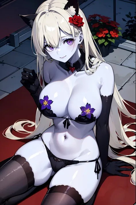 masterpiece, best quality, extremely detailed, 1girl, mature female, solo, (white skin:1.7), {kaga_kantaicollection:1.11}, (gigantic breasts:1.2), (((white hair, long hair, purple eyes, slit pupils, dog ears))), red lips, (((corruption, pasties, flower pas...