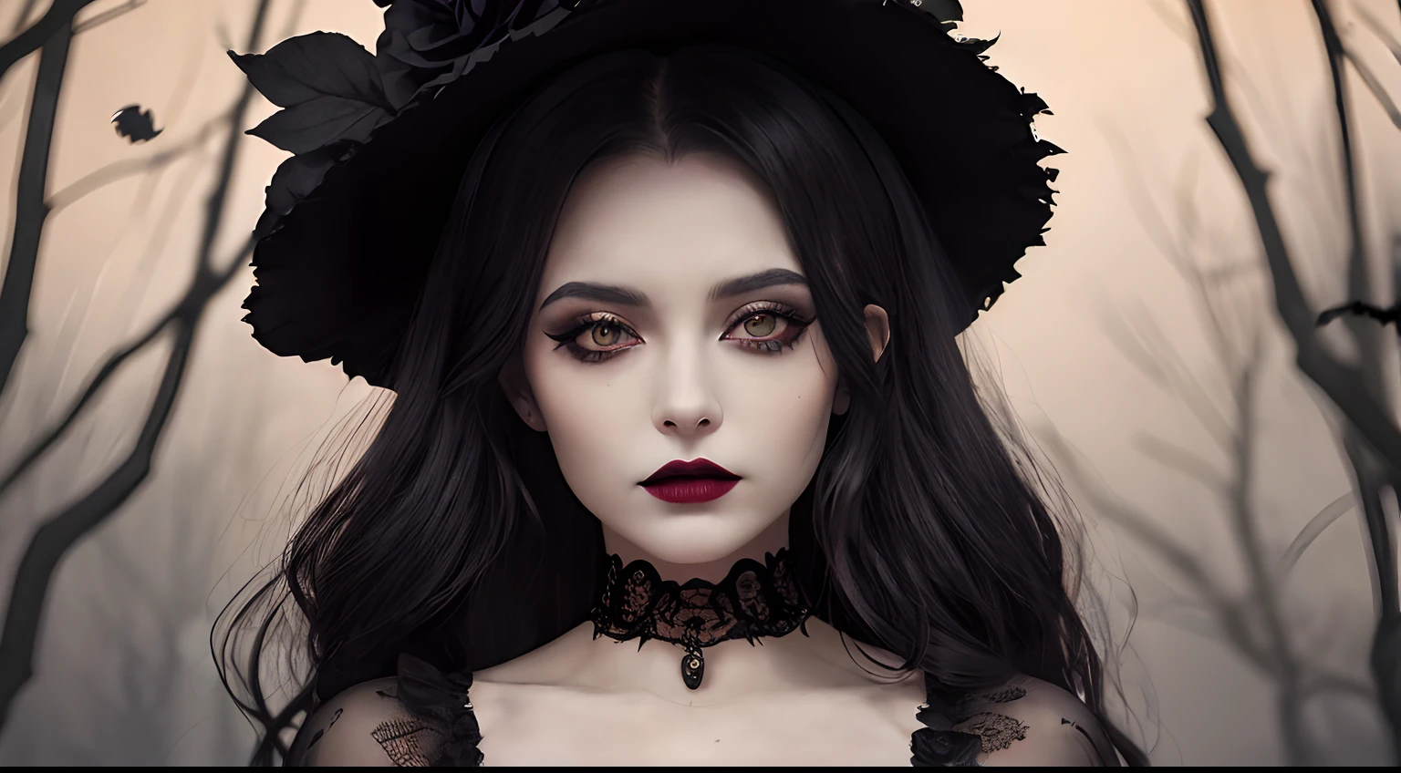 a woman in a black dress, Holding a pumpkin with a crown of roses on her head, beautiful witch spooky female, in a halloween style, beautiful witch female, Beautiful Dark Autumn Princess, beautiful female witch, beautiful vampire queen, with haunted eyes and dark hair, halloween theme, classical witch, Halloween atmosphere, She is the queen of black roses, witchy, Halloween Art Style